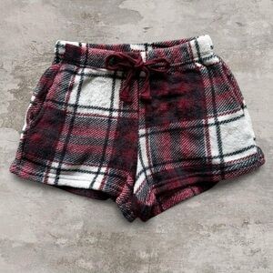 faded rose red plaid fleece shorts
